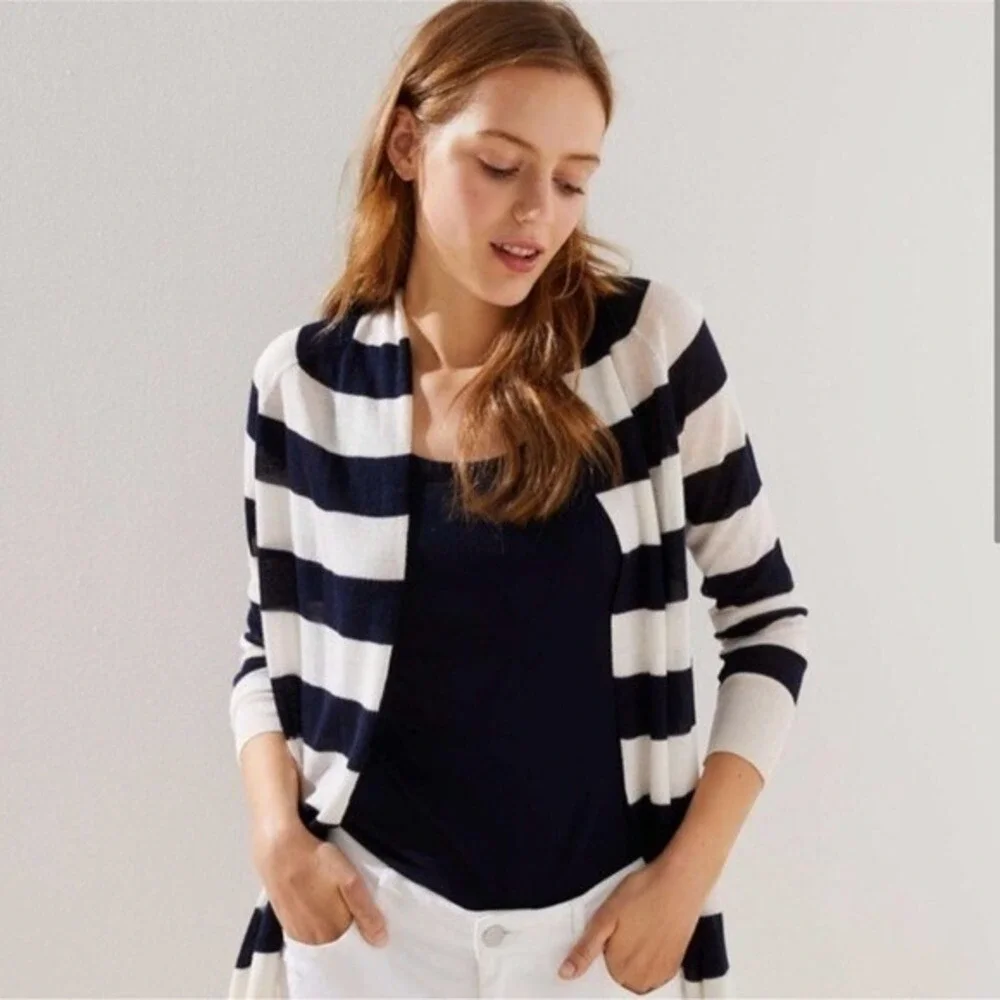 LOFT Striped‎ Hooded Lightweight Cardigan Sweater SZ Medium Navy White